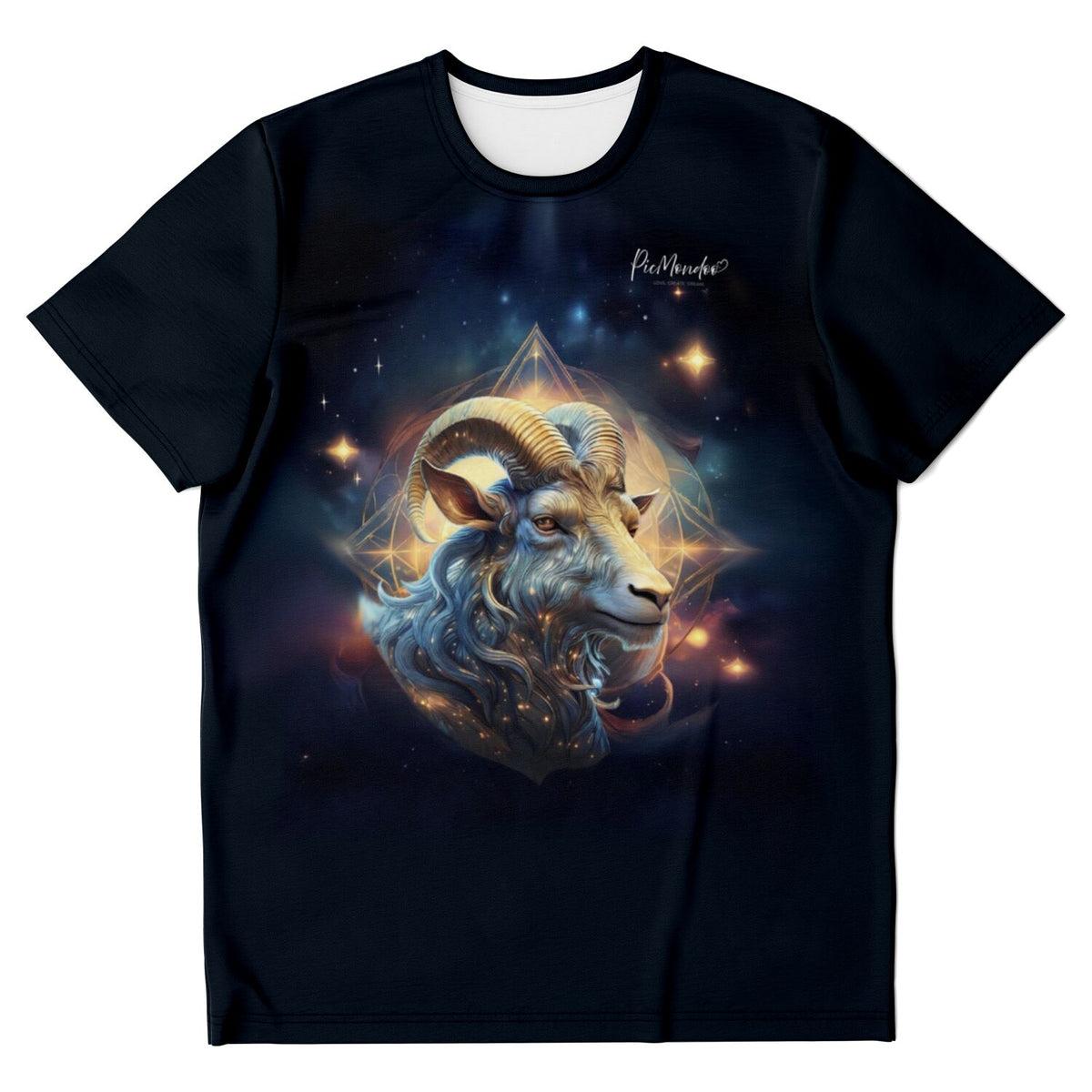 Schwarzes T-Shirt mit Sternzeichen Steinbock Motiv, inspiriert von Diamond Painting Ästhetik und kosmischem Design.