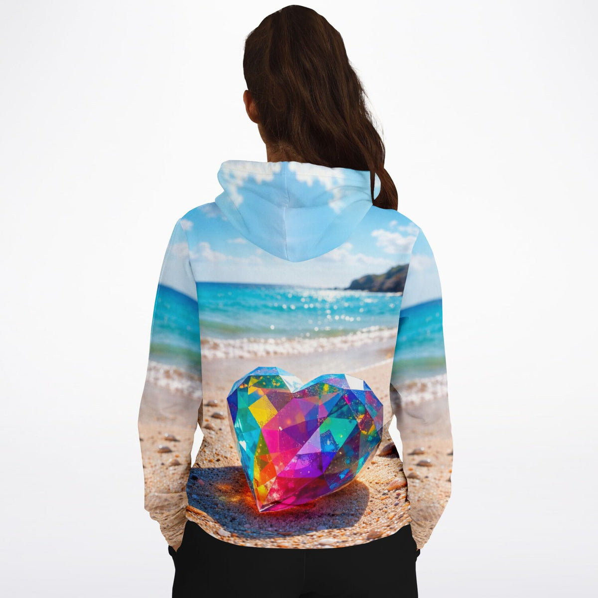 Dreamer Hoodie mit buntem Kristallherz-Motiv im Stil unserer Diamond Painting Sets am Strand