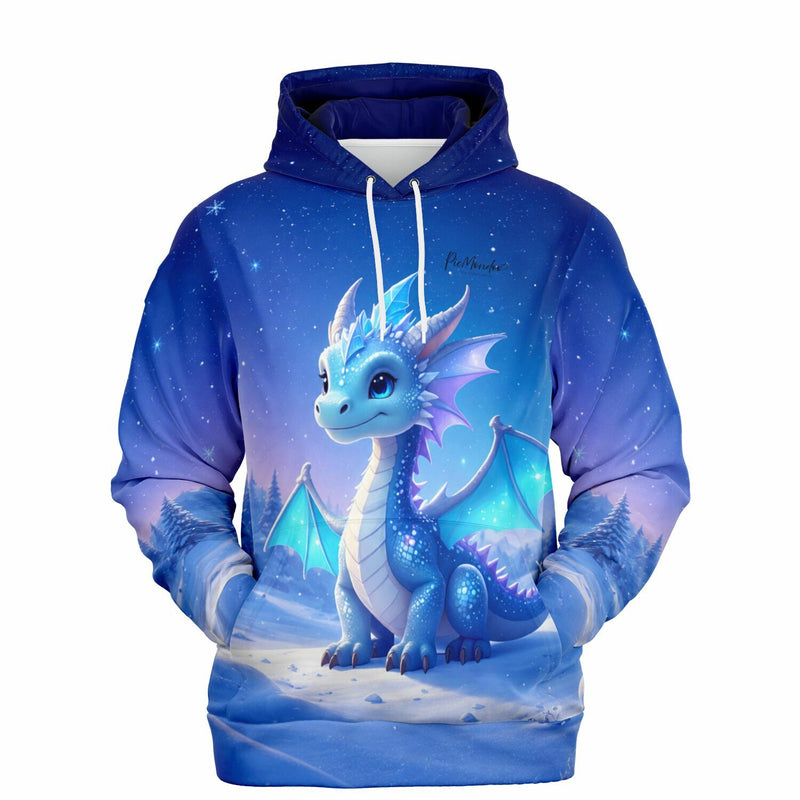 Blauer Dreamer Hoodie mit niedlichem Drachen Motiv im Schnee-Design, passend zu Diamond Painting und Malen nach Zahlen
