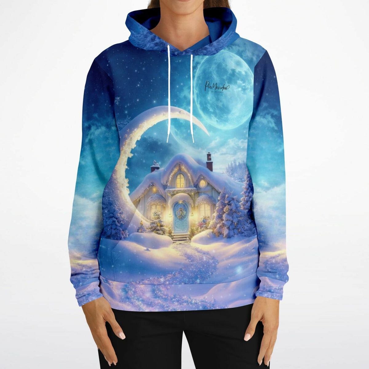 Dreamer Hoodie mit winterlichem Mond- und Schneemotiv im Stil beliebter Diamond Painting Kunstwerke von Picmondoo