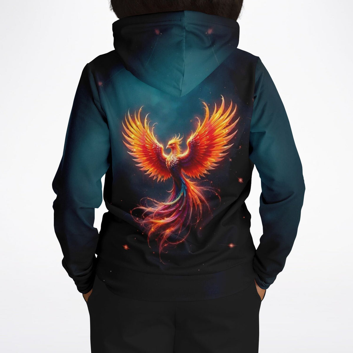 Schwarzer Hoodie mit leuchtendem Phönix-Motiv, inspiriert von Diamond Painting Kunstdesigns