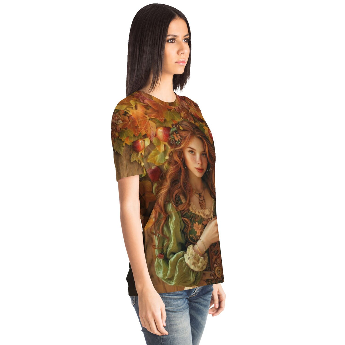Frau trägt Dreamer T-Shirt mit Apfelmädchen Ruby Motiv, bekannt aus Diamond Painting und Malen nach Zahlen Kollektionen