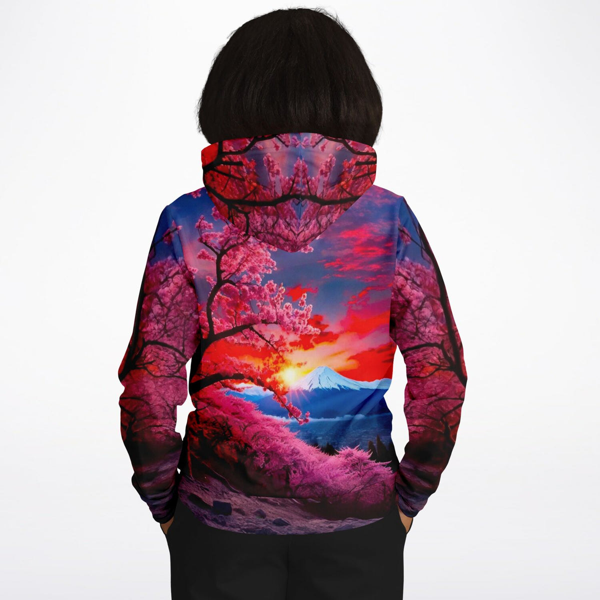 Dreamer Hoodie mit Kirschblüten-Berg Motiv im All-Over-Print Design für Fans von Diamond Painting und DIY-Kunst
