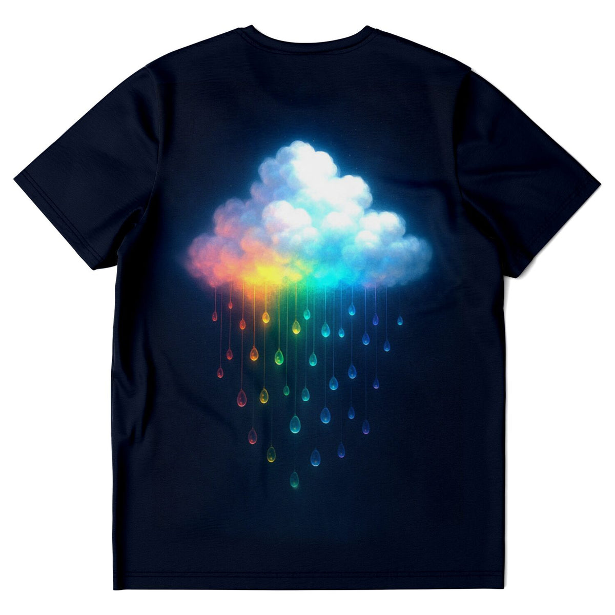 Schwarzes T-Shirt mit leuchtendem Regenbogenwolke Motiv, passend für Fans von Diamond Painting und Malen nach Zahlen