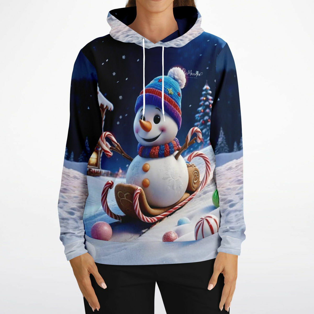 Dreamer Hoodie mit festlichem Schneemann auf einem Zuckerstangen-Schlitten im Winter-Design