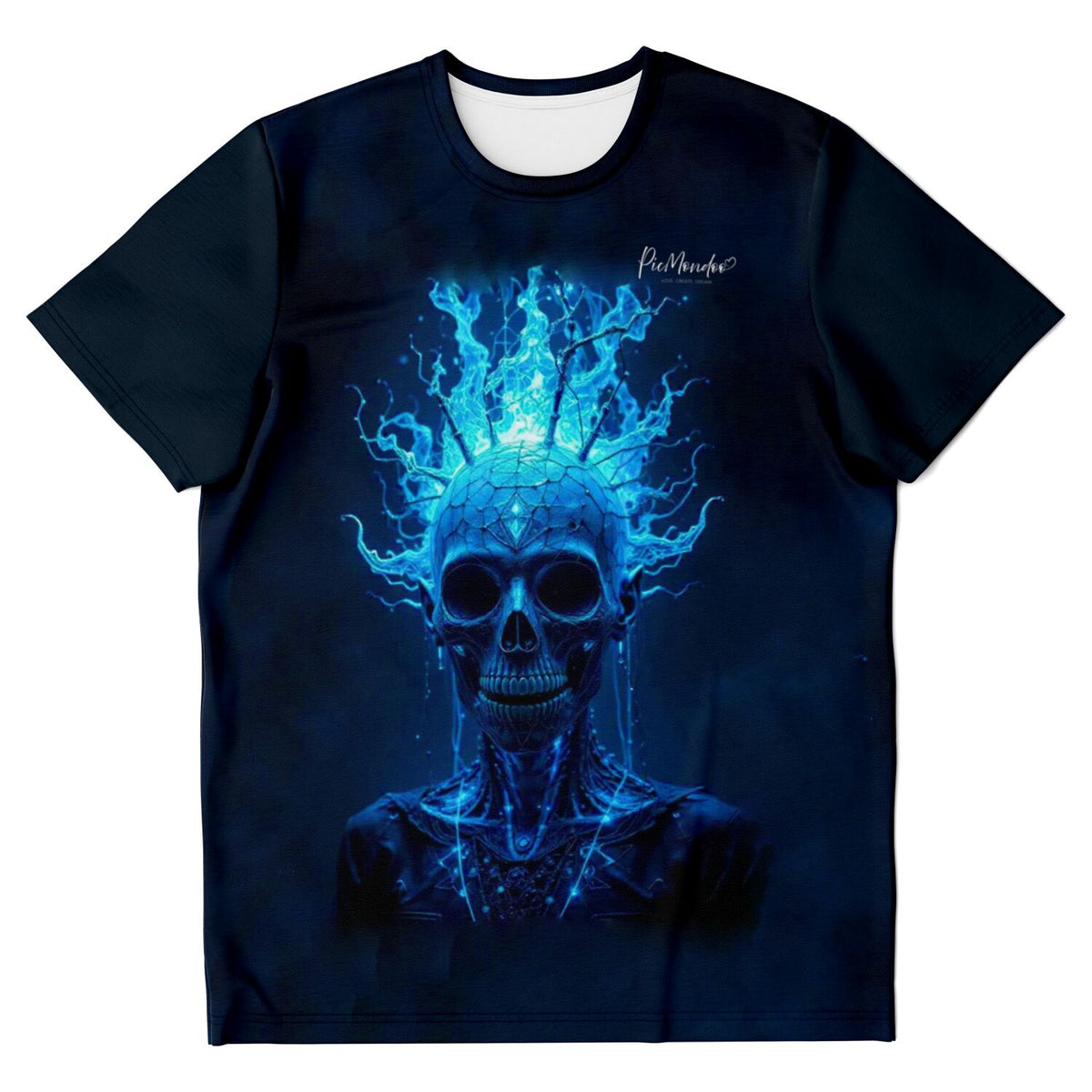 Schwarzes T-Shirt mit blau leuchtendem Totenkopf-Motiv im Stil unserer Diamond Painting und Malen nach Zahlen Kollektion