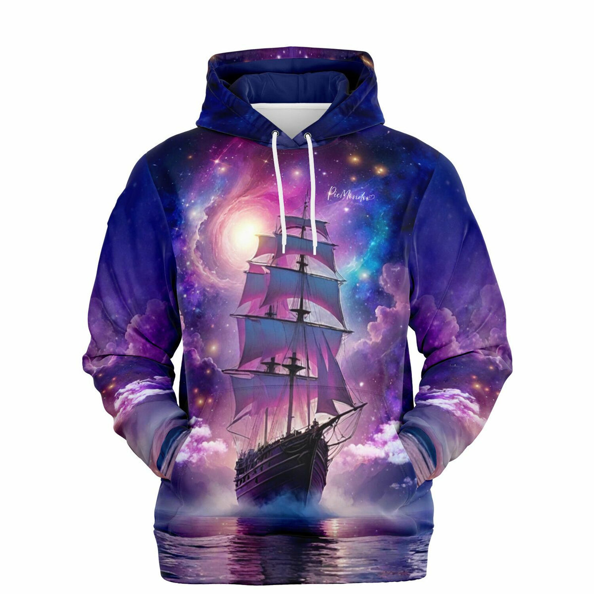 Dreamer Hoodie Starlight Ocean mit Segelschiff Motiv und galaktischem Weltraum-Design in Lila- und Blautönen