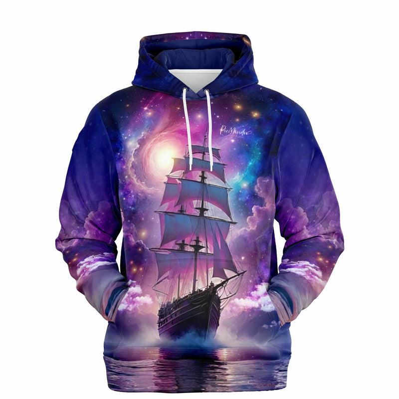 Dreamer Hoodie Starlight Ocean mit Segelschiff Motiv und galaktischem Weltraum-Design in Lila- und Blautönen