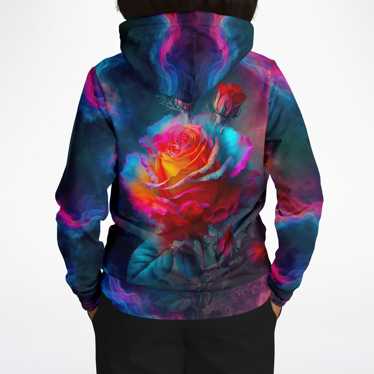 Dreamer Hoodie mit farbenprächtigem Rosenblüten-Motiv in Galaxy-Optik, idealer Style für DIY- und Hobby-Künstler.