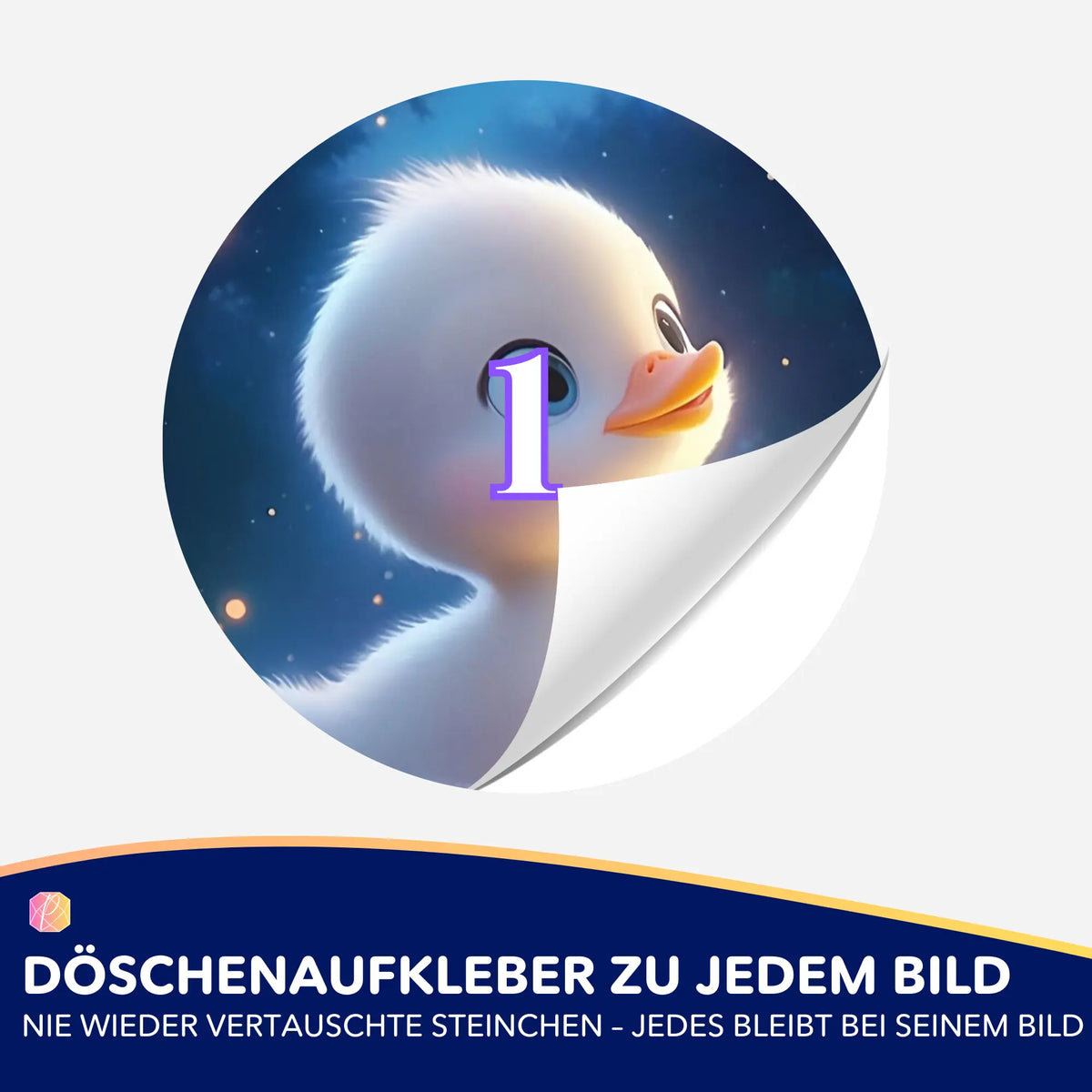Runder Döschenaufkleber mit Entlein-Motiv zur Organisation von Steinchen für dein Diamond Painting Sortiersystem