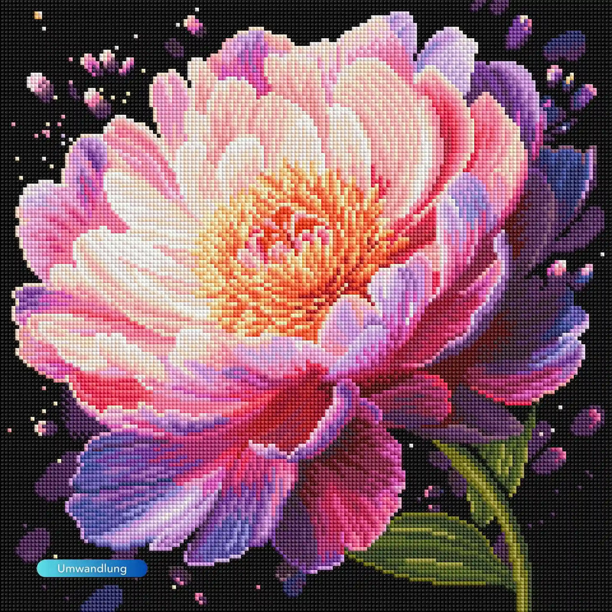 Diamond Painting Set mit pfingstrosa Blüte in leuchtenden Farben auf dunklem Hintergrund für ein kreatives Bastelerlebnis.