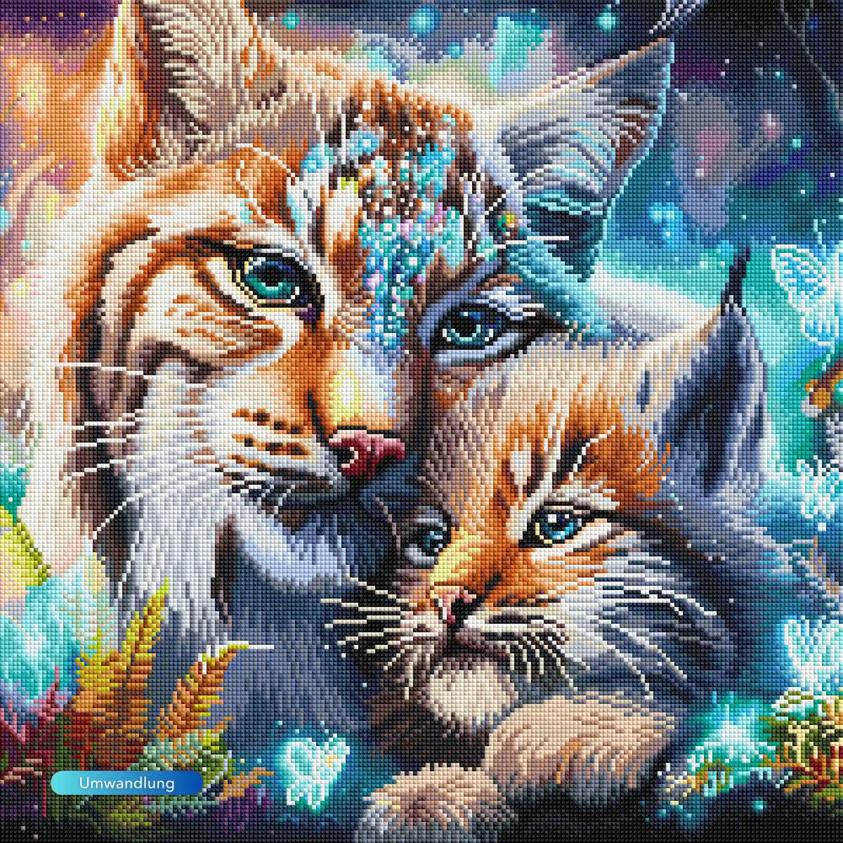 Diamond Painting Set eines Luchspaar mit glitzernden Schmetterlingen im magischen Wald in bunten Farben