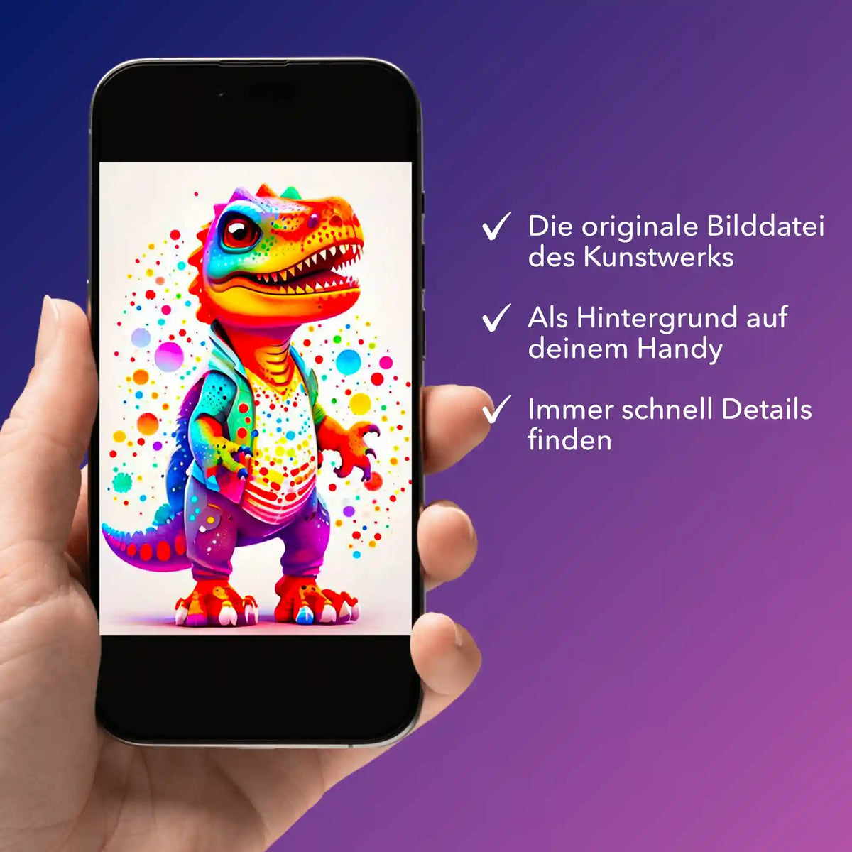 Smartphone mit kunterbuntem Dinosaurier-Motiv für Diamond Painting oder Malen nach Zahlen als digitale Vorlage