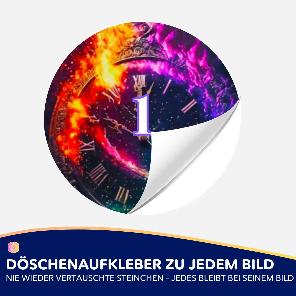 Bunter Döschenaufkleber mit Uhr-Motiv für Diamond Painting Set, zur Sortierung der Steinfarben perfekt passend