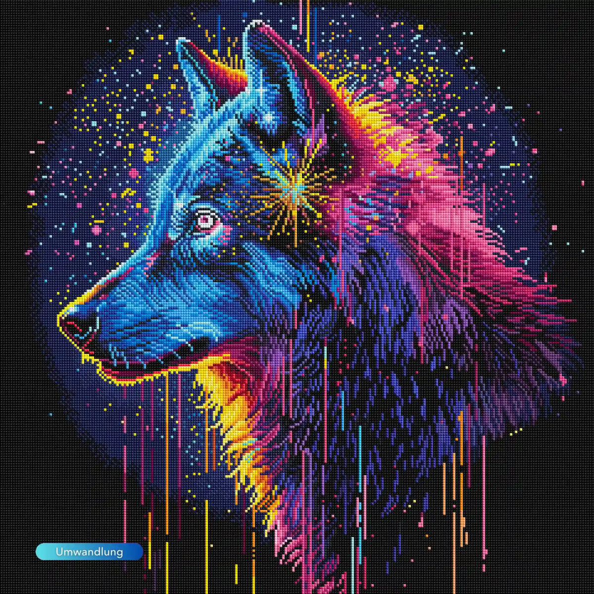 Diamond Painting Set Wolf in Neonfarben mit magischen Energieeffekten und funkelnden Steinen vor dunklem Hintergrund