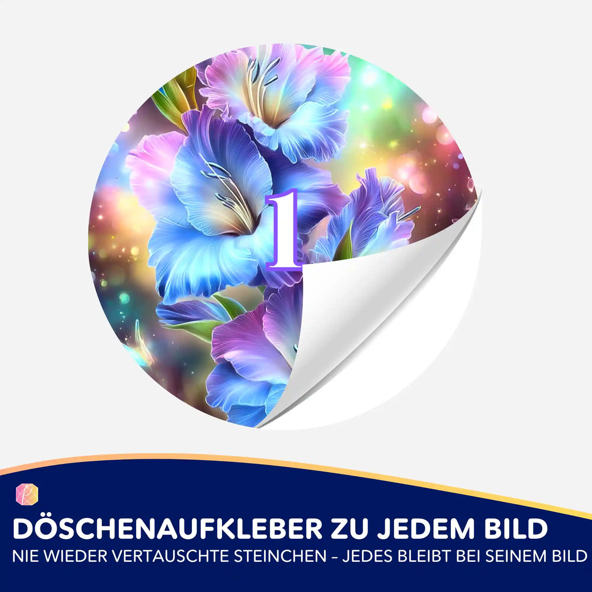 Runder Döschenaufkleber mit Blumenmotiv für Diamond Painting Zubehör zur optimalen Sortierung der Steinchen.