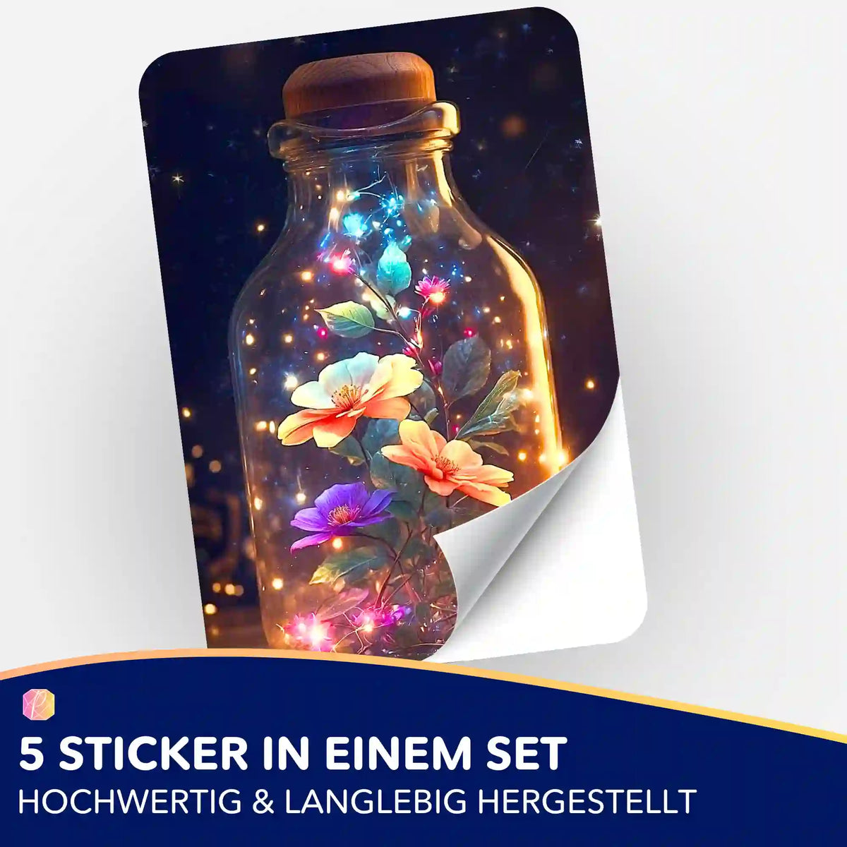 Leuchtender Blütenzauber Aufkleber für Diamond Painting Zubehör – 5er Set mit Blumenmotiv im Glas.