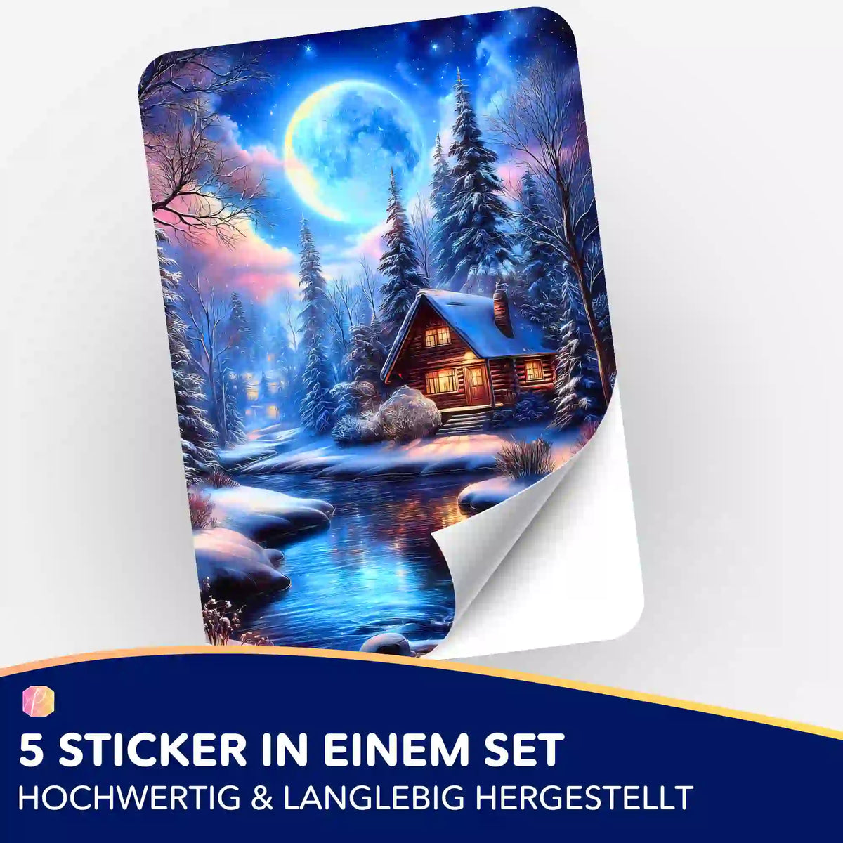 5er-Set Aufkleber Zuflucht im Silberlicht für Diamond Painting Fans: Motiv mit Winterlandschaft, Hütte, Mond und See.