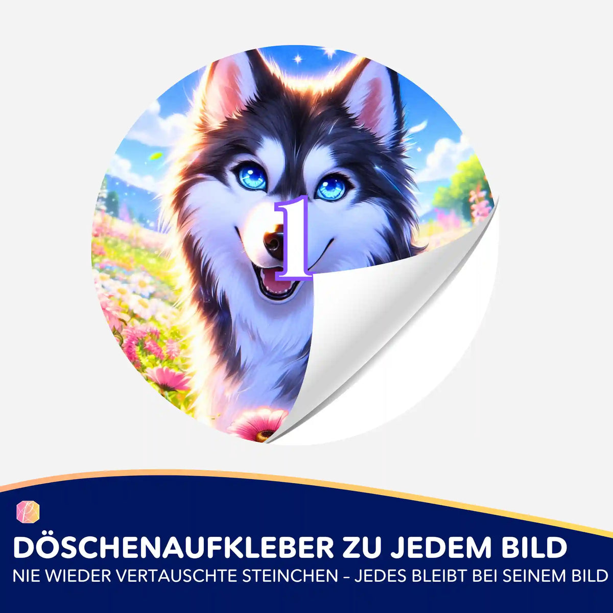 Döschenaufkleber mit Husky-Motiv zur Sortierung von Diamond Painting Steinchen – praktische Hilfe für dein DIY-Projekt.