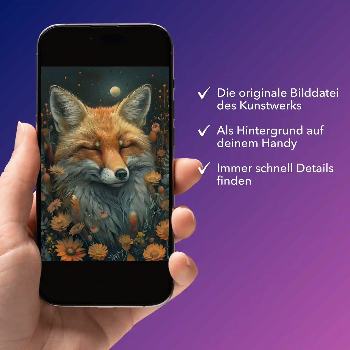 Smartphone zeigt digitale Bildmappe mit Foxy Dreams Fuchs-Motiv für Diamond Painting Set und Malen nach Zahlen