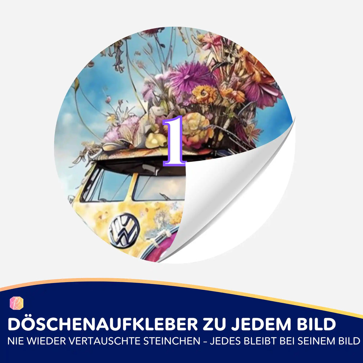 Runder Döschenaufkleber mit Flower Power Bully Motiv zur Organisation von Diamond Painting Steinchen