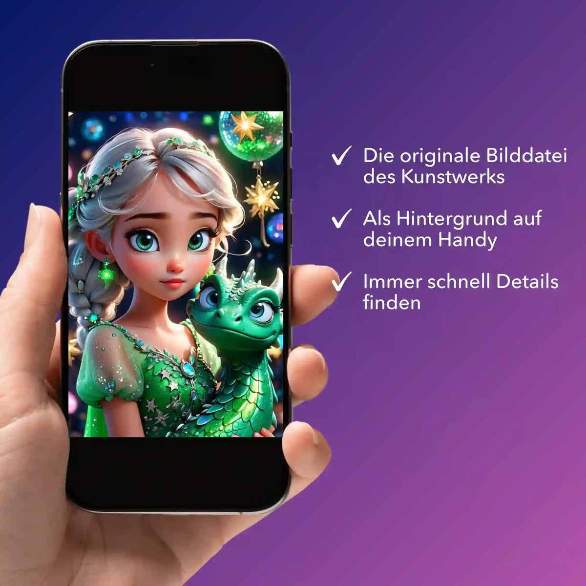Digitale Bildmappe zum Dragon Girl Diamond Painting auf dem Smartphone mit kreativen Motiven für Fans.