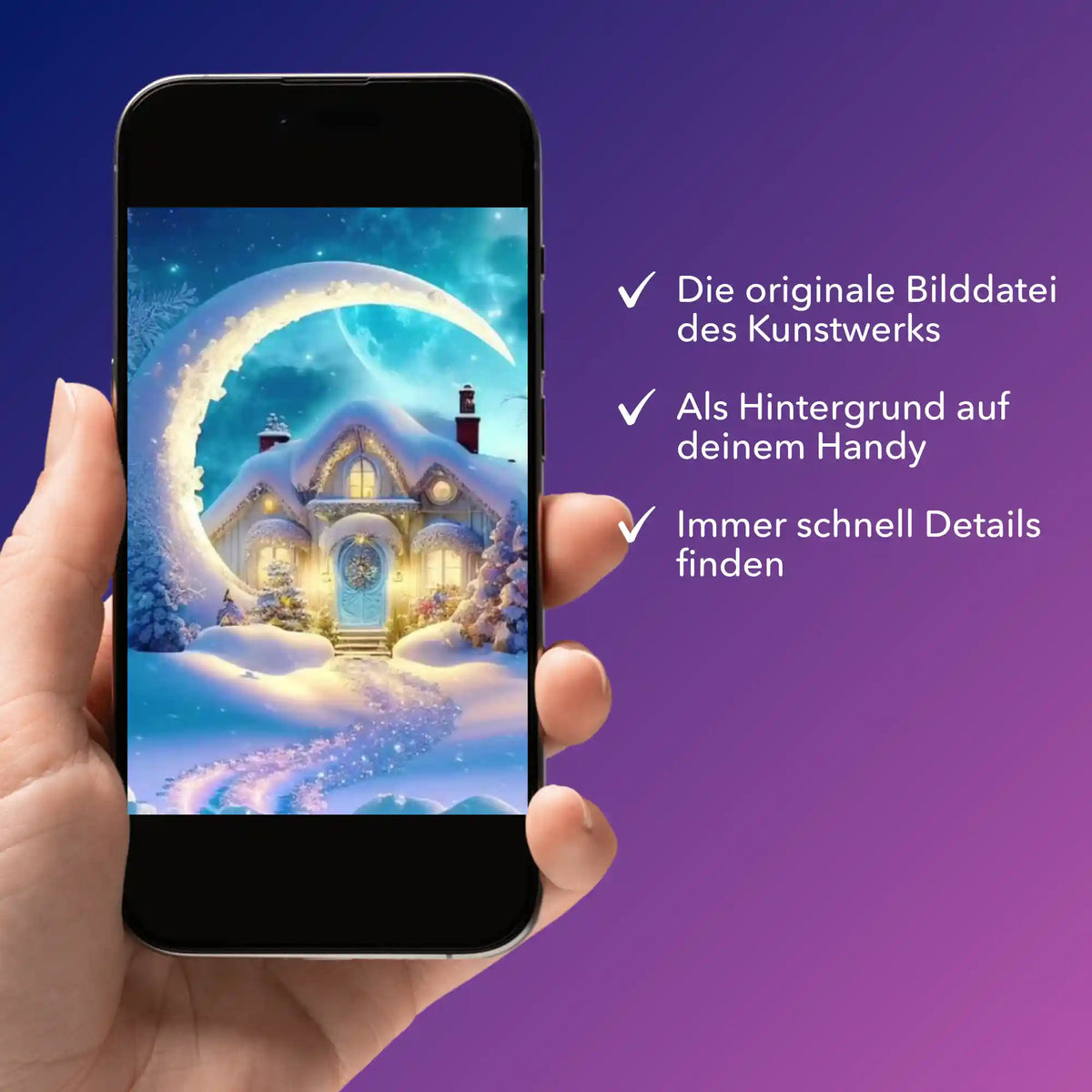 Digitale Bildmappe zum Moon and Snow Diamond Painting Motiv auf einem Smartphone zur Unterstützung beim Basteln.