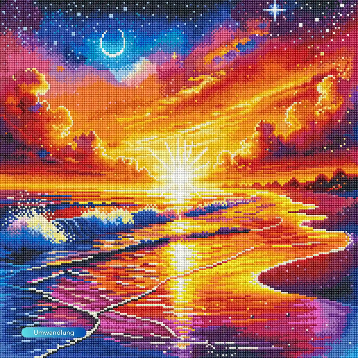 Diamond Painting Set mit buntem Sonnenuntergang am Strand, Sternenhimmel und glitzernden Wellen, 50x50cm Motiv.