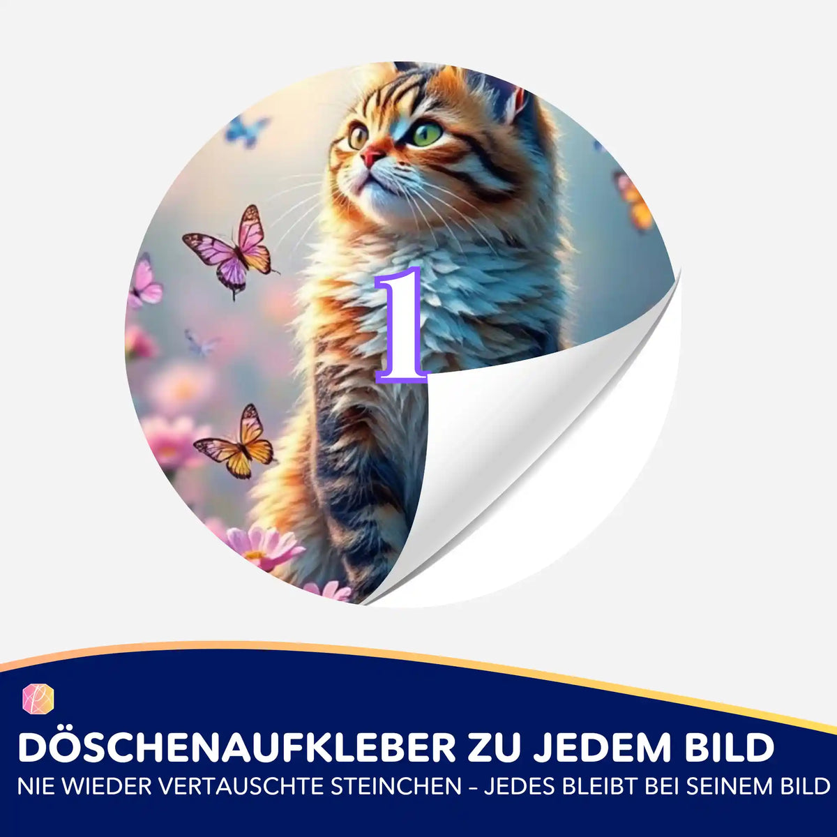 Runder Döschenaufkleber mit Katzen-Motiv und Nummerierung für Diamond Painting Zubehör zur Ordnung von Steinchen.