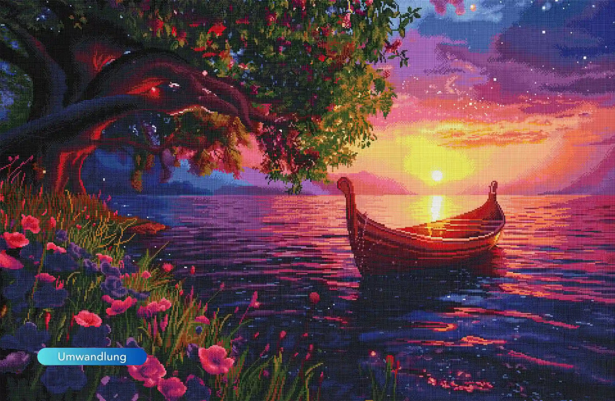 Diamond Painting Set Wo Träume anlegen: Märchenhafte Landschaft mit Ruderboot am See im goldenen Abendlicht.