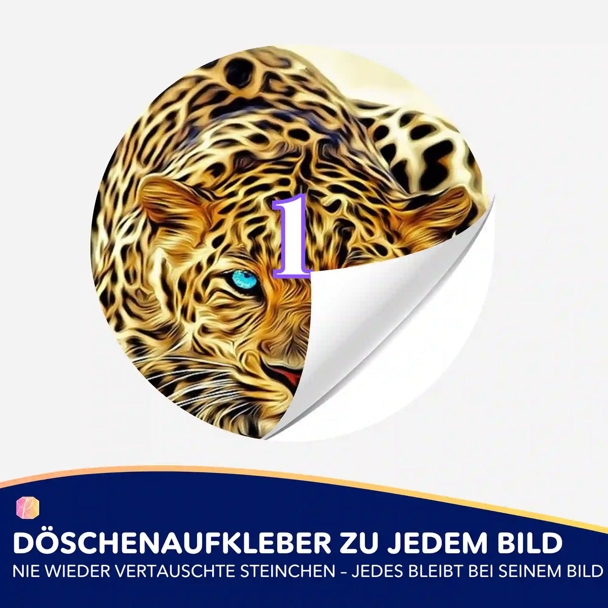 Runder Döschenaufkleber mit Leopard-Motiv für Diamond Painting zur Organisation von Diamanten-Steinchen.