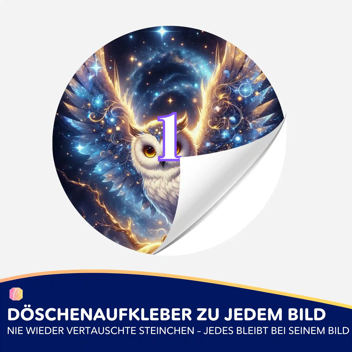 Runder Döschenaufkleber mit Eulen-Motiv für Diamond Painting Zubehör zur optimalen Ordnung der Steinchen.