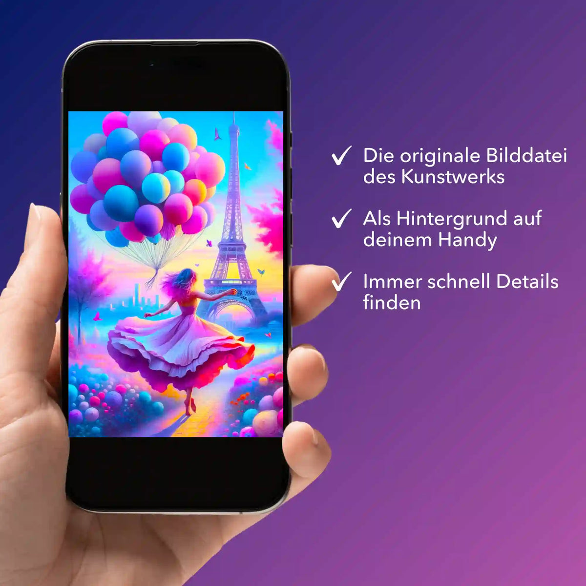 Digitale Bildmappe für Diamond Painting als Smartphone-Hintergrund mit verträumtem Paris-Motiv und bunten Luftballons