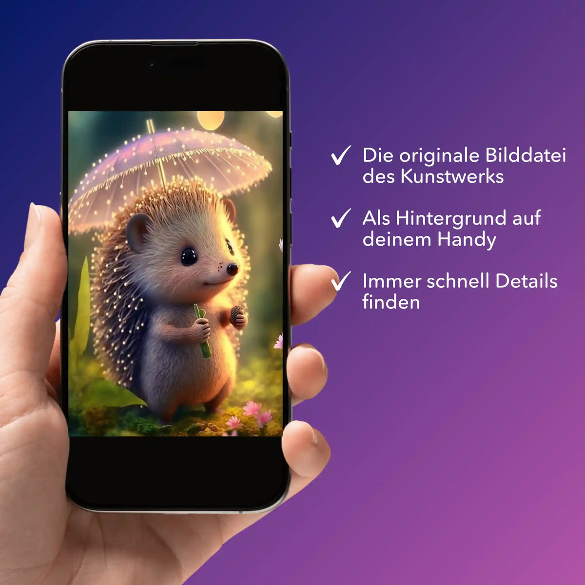 Digitale Bildmappe für Diamond Painting mit süßem Igel Motiv im Sonnenlicht zur Verwendung auf dem Smartphone