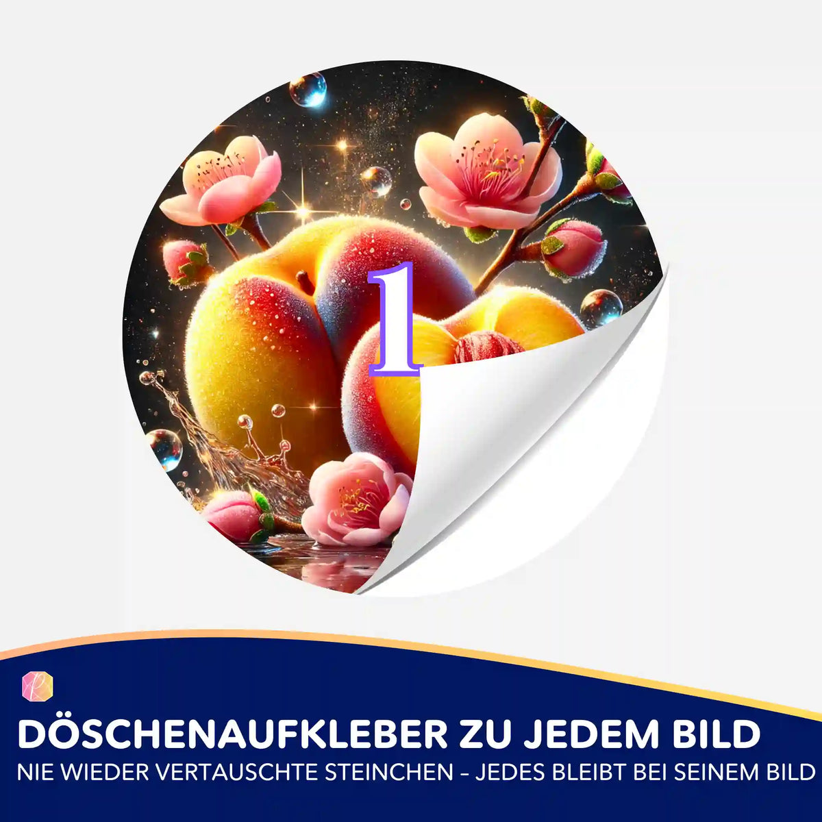 Bunter Döschenaufkleber mit Pfirsich-Motiv für Diamond Painting Zubehör zur optimalen Sortierung der Diamanten Steinchen.