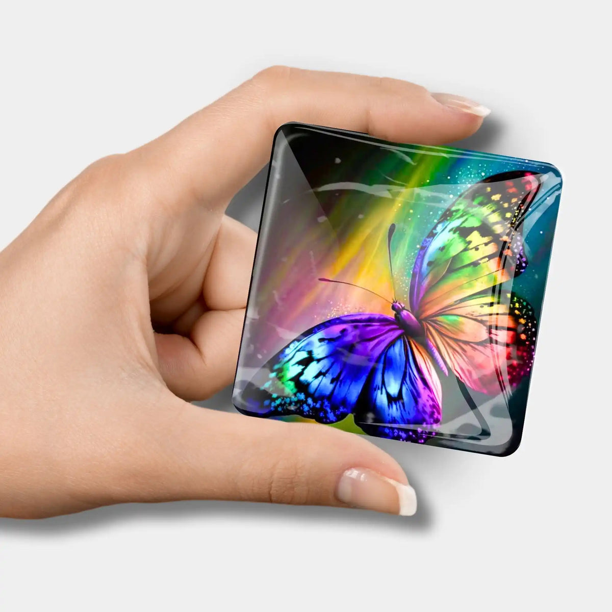 Bunter Schmetterling Cover Minder aus Glas als praktisches Zubehör für Diamond Painting und Bastelsets