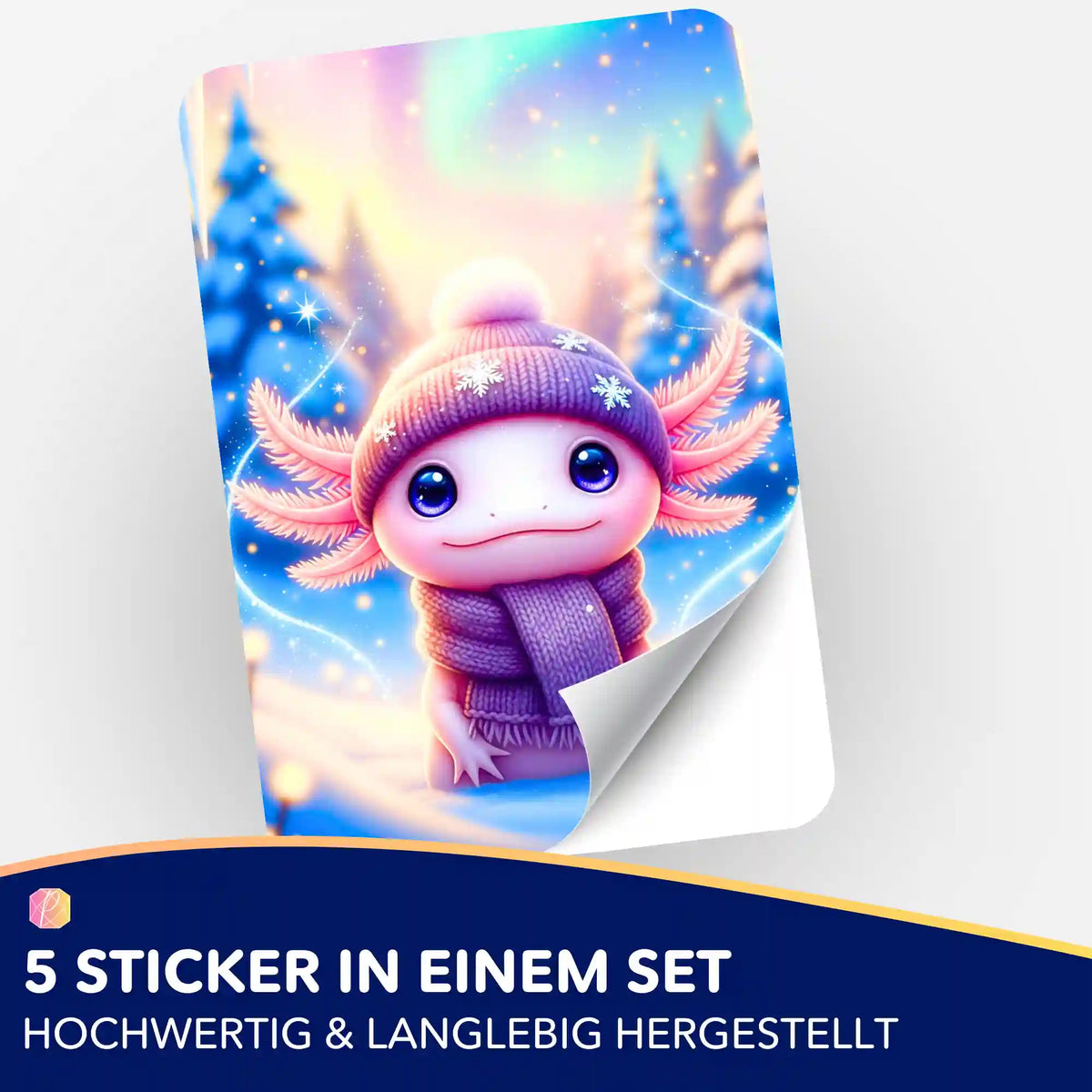 5er-Set Aufkleber mit Axolotl im Winter-Look für Diamond Painting und Bastelprojekte von Picmondoo