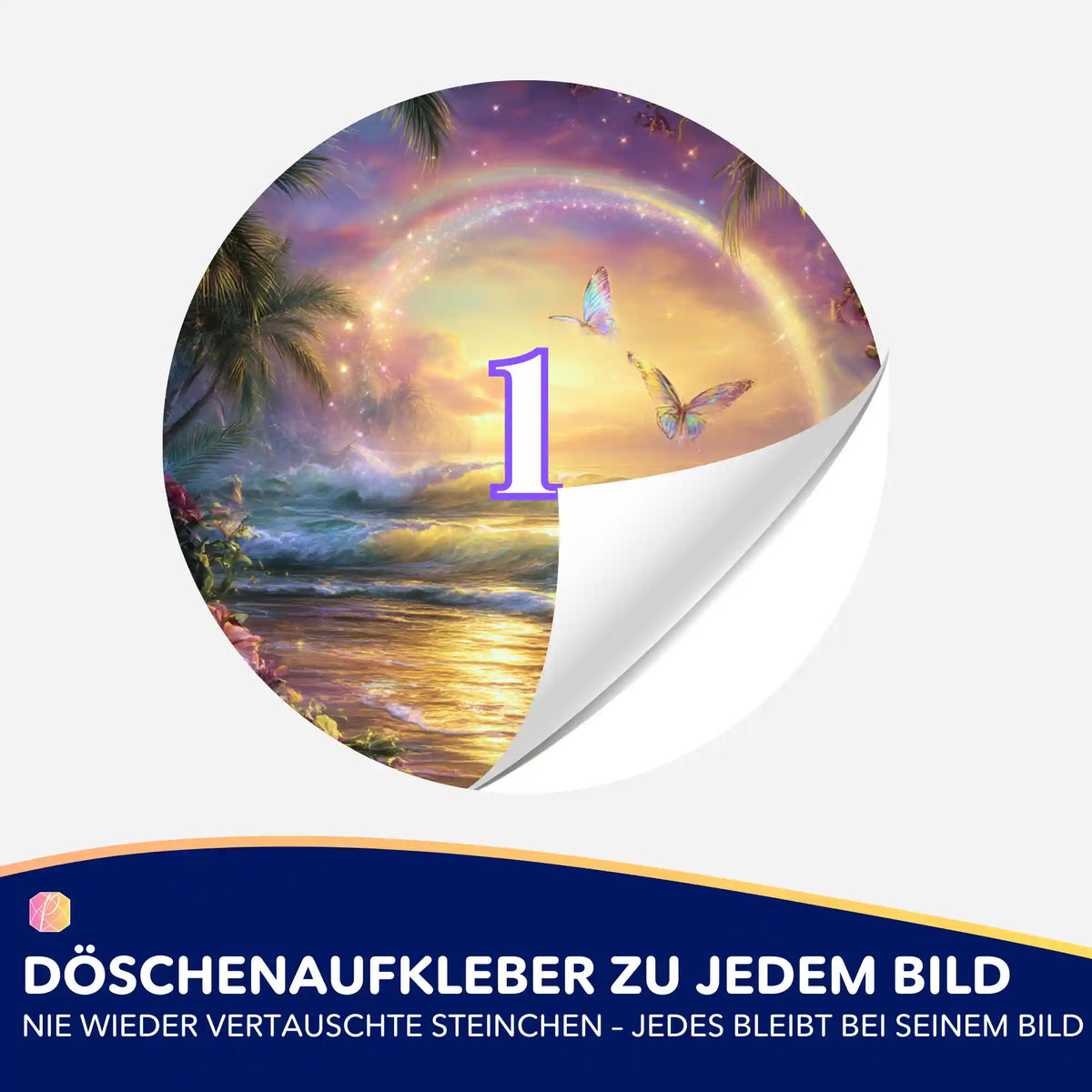 Runder Döschenaufkleber mit Nummer 1 für Diamond Painting Zubehör passend zum Motiv Zwischen Himmel und Meer.