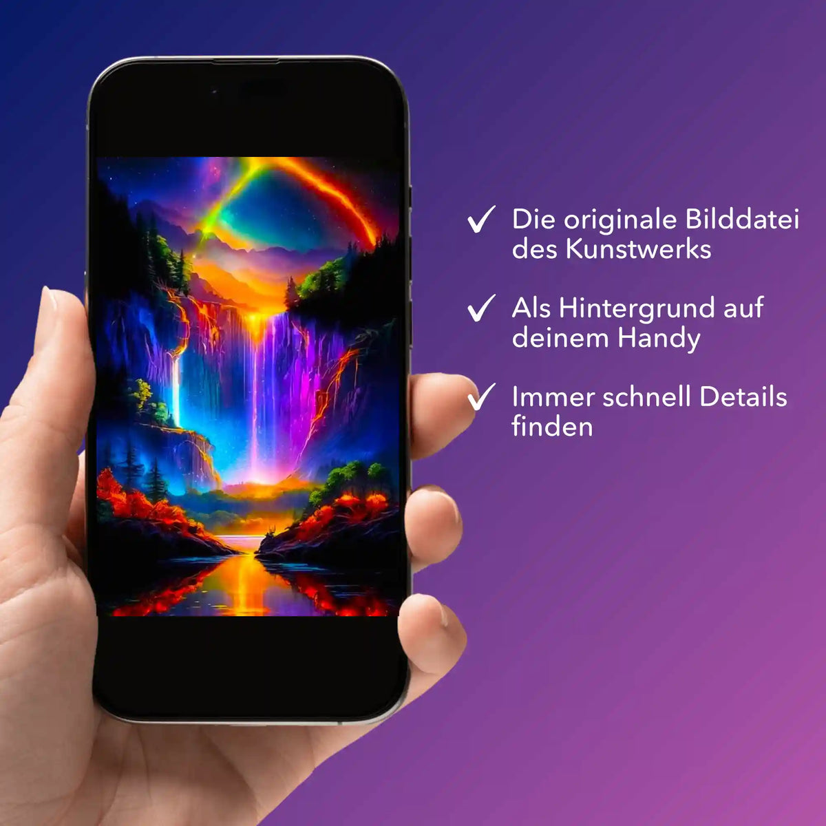 Smartphone mit digitaler Bildmappe für Diamond Painting Motiv Nachtleuchten am Wasserfall als Handy-Hintergrund