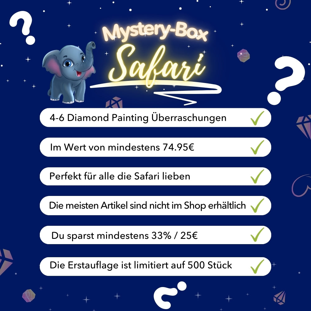 Diamond Painting Mystery-Box Safari mit Elefanten-Motiv und Sparvorteil für kreative Bastelsets