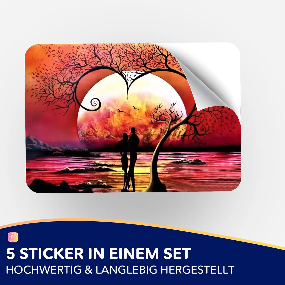 5er-Set Aufkleber Baum der Liebe für Diamond Painting Zubehör – Motiv mit Paar vor rotem Sonnenuntergang