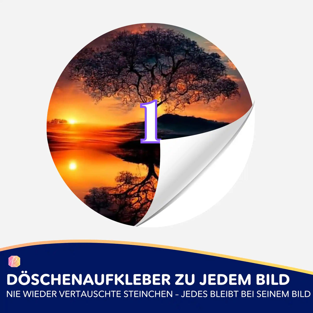 Runder Döschenaufkleber mit Motiv Baum im Sonnenuntergang zur Sortierung von Diamond Painting Steinen für jedes DIY Bild.