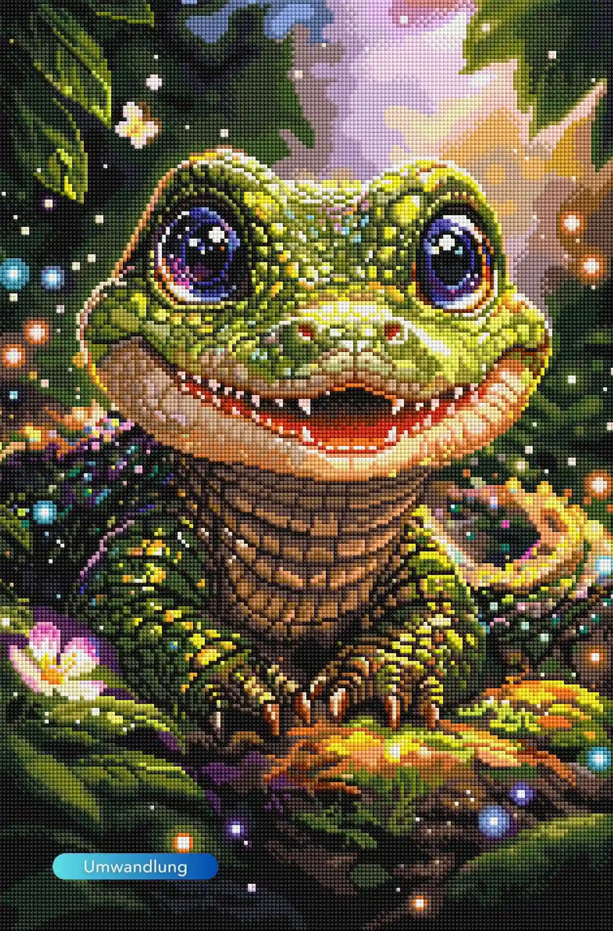 Diamond Painting Set Krokodil mit Glanzaugen im Märchenwald, detailreiches Motiv mit schimmernden Steinen und Blüten