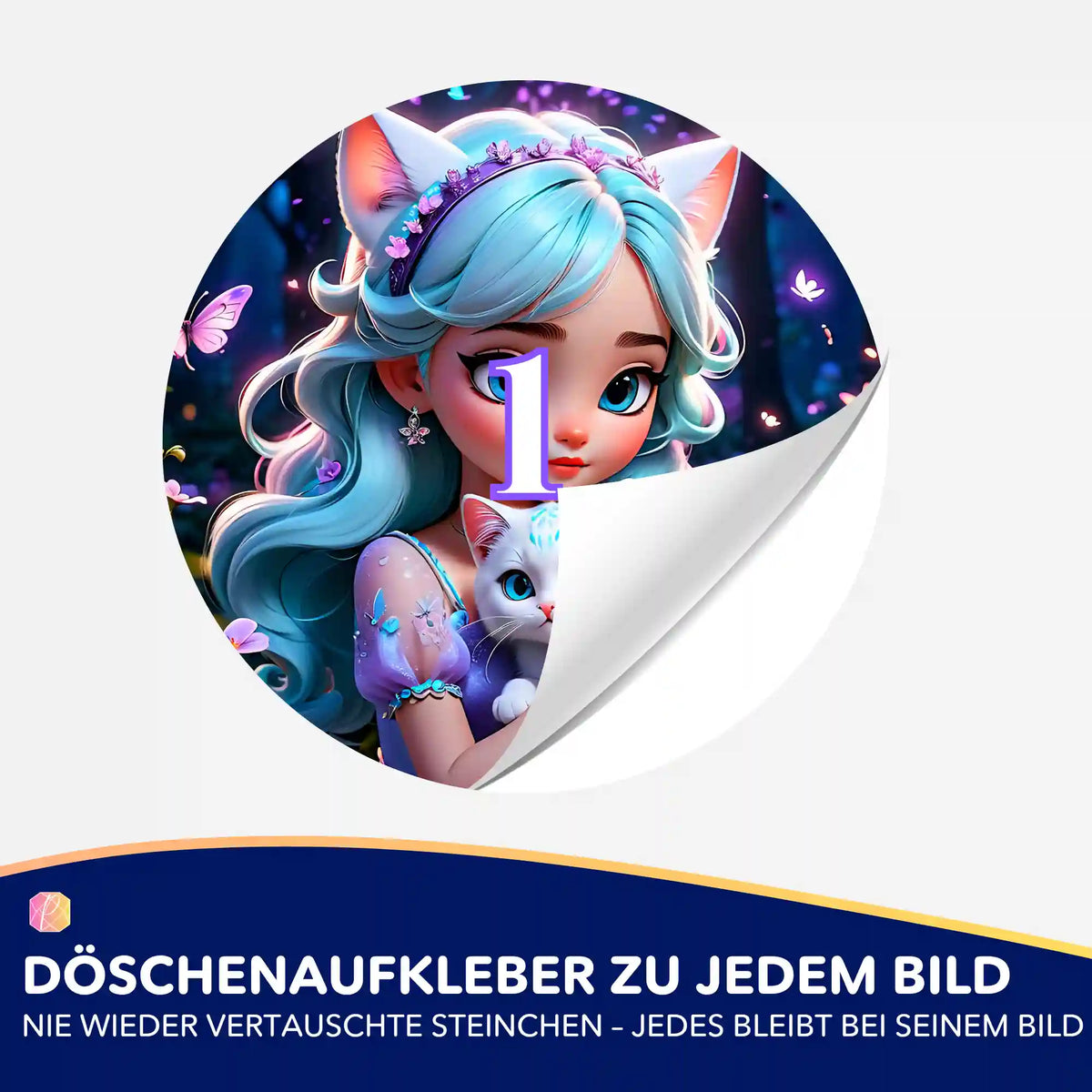 Bunter Döschenaufkleber Kim Kitty Girl mit Ziffer 1 für Diamond Painting Organisation und Zubehör