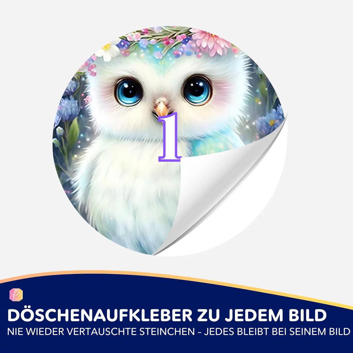 Runder Döschenaufkleber mit Eulen-Motiv für Diamond Painting zur einfachen Sortierung der Diamanten.