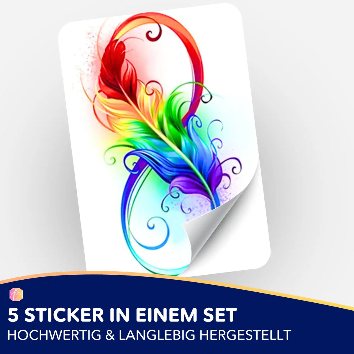 Picmondoo 5er-Sticker-Set Infinity Feather für Diamond Painting Organisation mit bunten Regenbogenfarben.