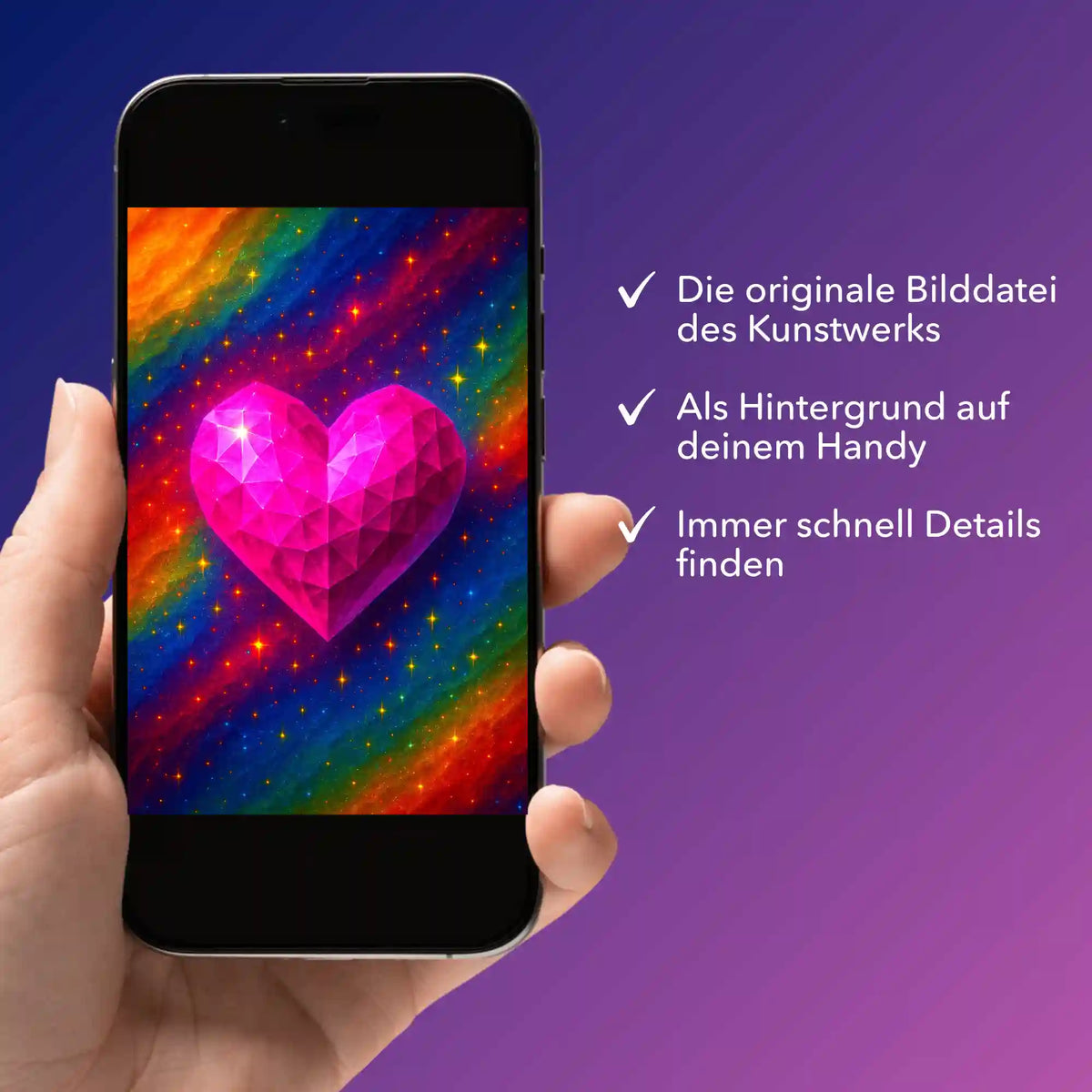 Digitale Bildmappe für Diamond Painting mit buntem Herzkristall-Motiv auf Smartphone-Display