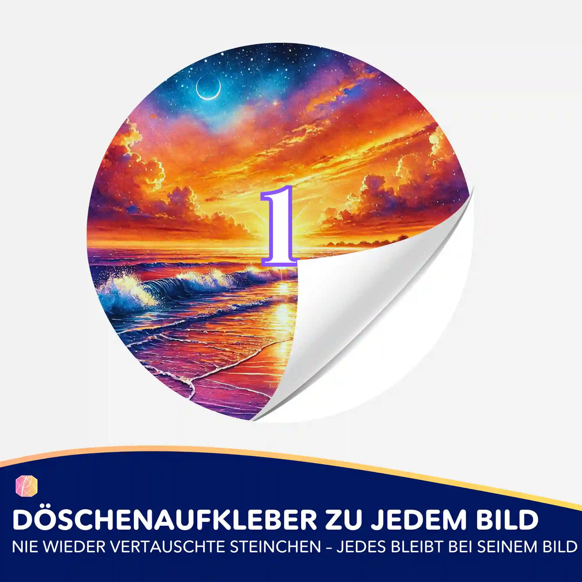 Runder Döschenaufkleber mit Sonnenuntergang-Motiv für Diamond Painting Zubehör zur optimalen Sortierung von Steinchen.