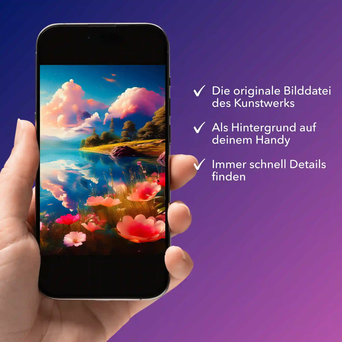 Digitale Bildmappe von Picmondoo mit Diamond Painting Motiv Blick auf den See auf einem Smartphone angezeigt.