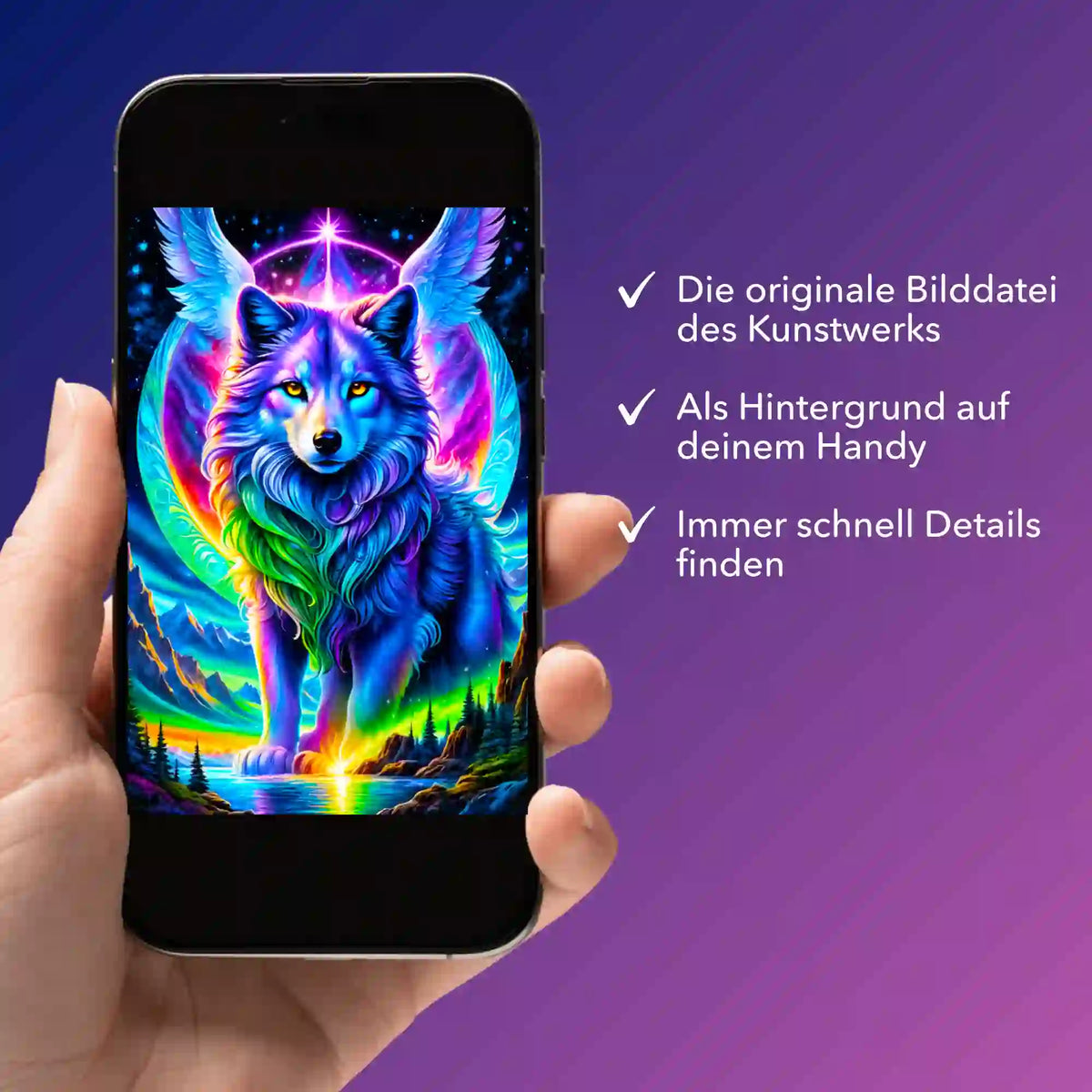 Digitale Bildmappe für Diamond Painting mit buntem Wolf-Motiv Geflügelter Wächter als Handyhintergrund